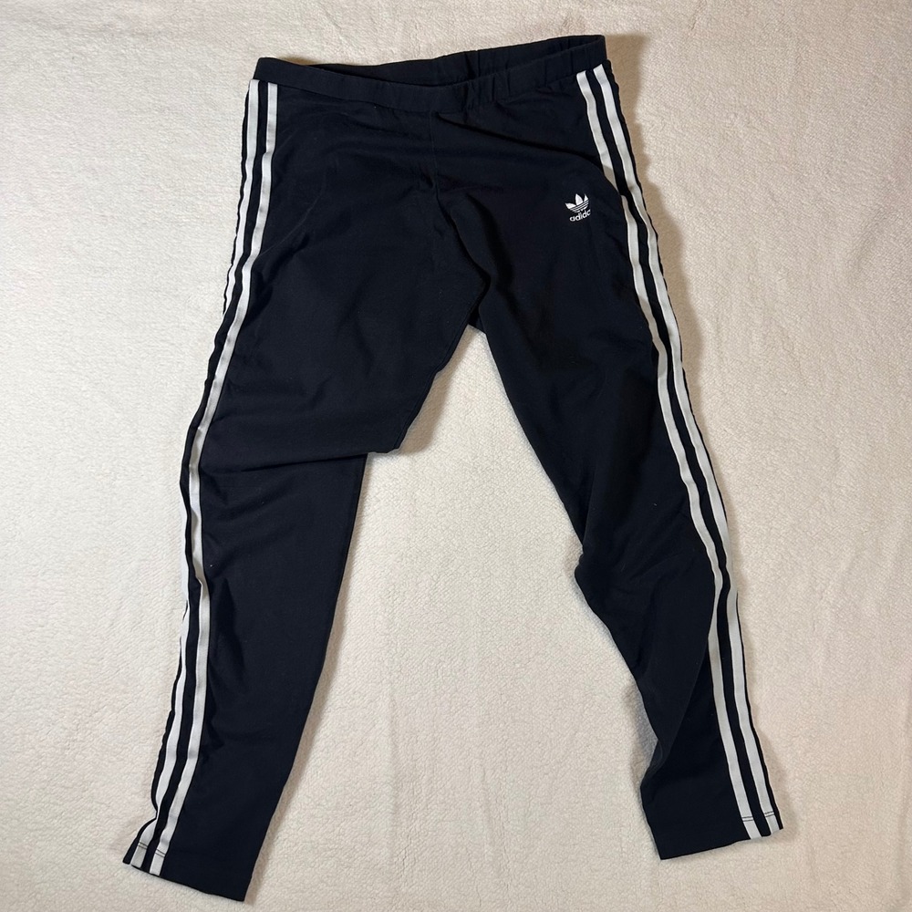 Adidas Originals Black White 3 Stripe Athletic Leggings Pants Womens L